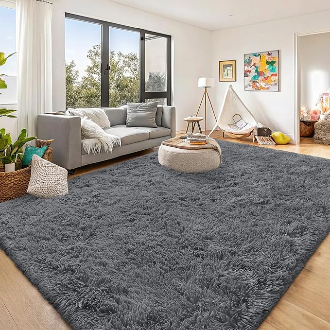 OLANLY 9x9 Machine Washable Large Area Rugs for Living Room, Bedroom, Soft Fluffy Shaggy Bedside Rug, Indoor Floor Carpet for Kids Girls and Boys, Dorms, Nursery, Home Decor Aesthetic, Grey