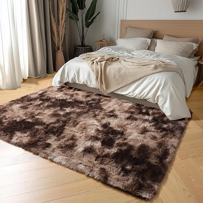 Amdrebio Tie-Dyed Brown Rugs for Bedroom Living Room, 8x10 Large Fluffy Shaggy Plush Area Rugs for Kids Room Decor Aesthetic, Modern Cool Fuzzy Furry Carpet for Classroom Playroom Preppy Dorm Nursery