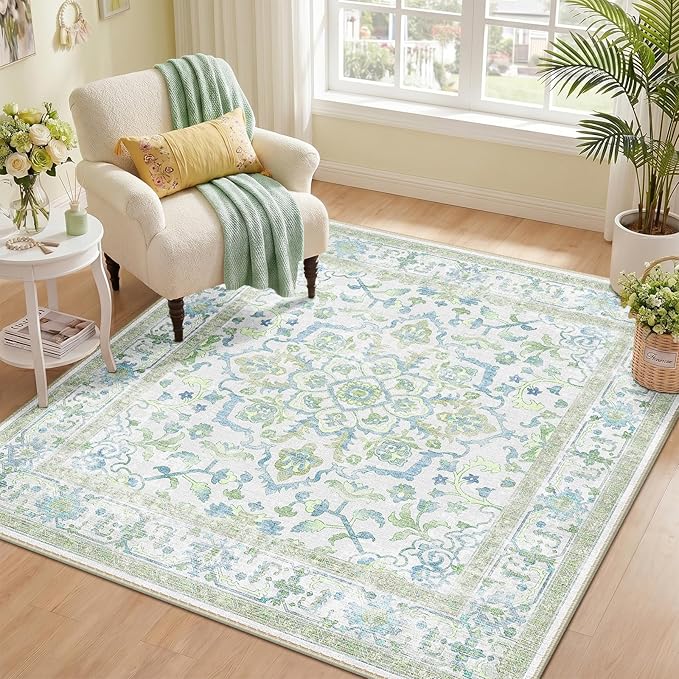 CAPALOCA Machine Washable Rugs Nursery Rug Sq4ft Cute Girl Non Slip Low Pile Water Repellent Soft Print Pattern for Bedroom Indoor Decor Kids Playroom Green Blue