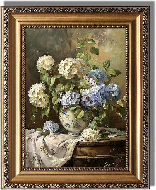 KBKBART Vintage Framed Wall Art for Living Room - Moody Blue and White Hydrangeas Flower Canvas Oil Painting Prints for Wall Decor, Classical Floral Wall Decor, Antique Botanical Art Print for Bedroom Bathroom Wall Pictures Artwork, 9"x 12"
