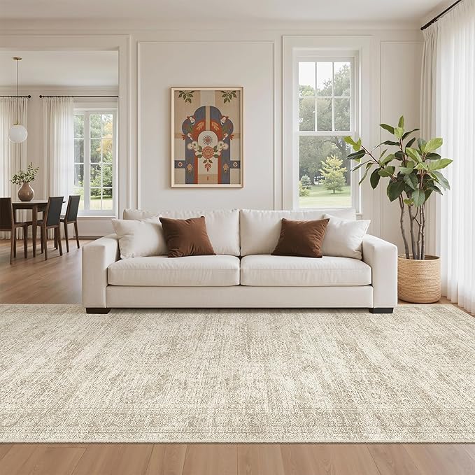 Soalmost 4x10 Wide Hallway Runner Rug: Washable Soft Rug Runners for Living Room Bedroom Ktichen, Stain Resistant Low Pile Area Rugs Non Slip Floor Carpet (Beige, 4x10)