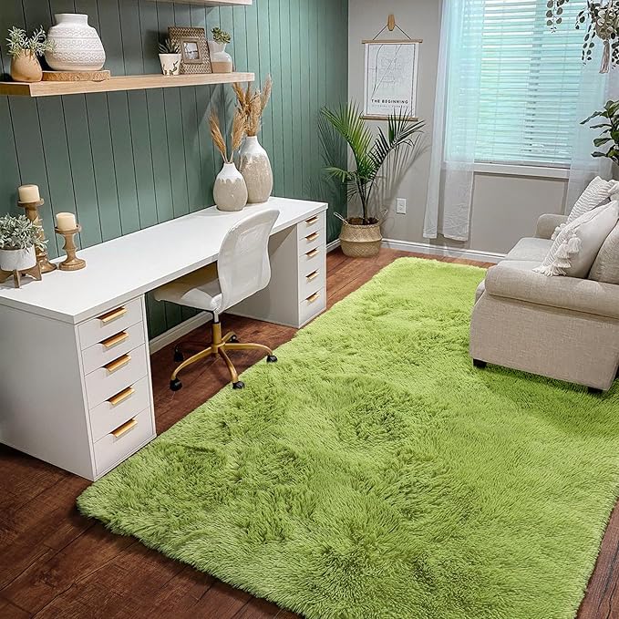 Grass Green Runner Rugs for Bedroom Decor Aesthetic, Fluffy Shag Area Rug 3x5 for Kids Room Living Room Baby Nursery, Cool Shaggy Throw Bedside Fuzzy Plush Carpet, Cute Moss Classroom Playroom Rug