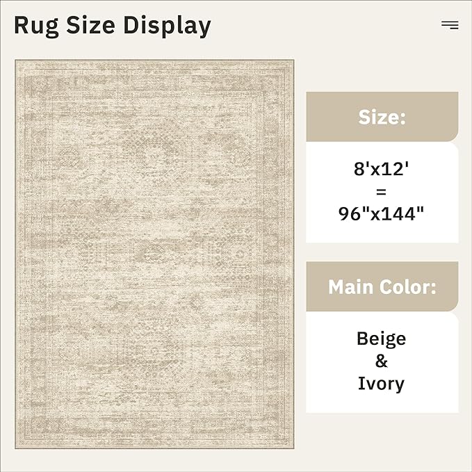 Soalmost Washable Area Rug 8x12, Large Soft Rugs for Living Room Vintage Beige Carpet 8x12 Area Rugs for Bedroom Dining Room Non-Slip Stain Resistant Under Table Rug
