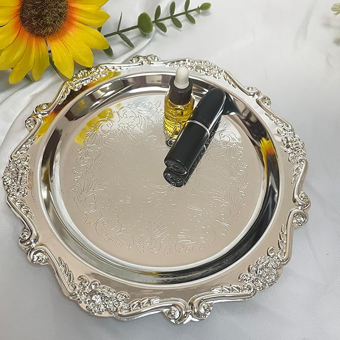 Round Tray Decorative Perfume and Makeup Organizer, Vintage Sliver Trays 7.87”, Stainless Steel Metal Tray for Dresser, Bathroom or Jewelry Display Home Decor