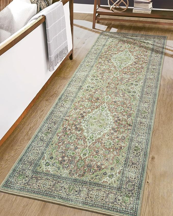 Goideal Washable Runner Rug 2x6, Sage Green Rugs Non Slip, Indoor Low Pile Carpet with Rubber Backing for Hallway Kitchen Bathroom Entryway Bedroom