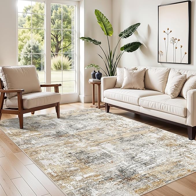 4x8 Washable Area Rug – Non-Slip Rubber Backed Indoor Rug for Entryway, Kitchen, Hallway | Modern Abstract Neutral Low Pile Thin Floor Mat for Bedroom, Living Room, Office (Gold Grey)