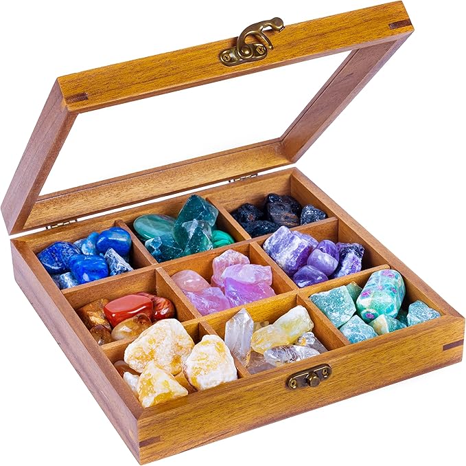 Curawood Rock Display Case - 8" x 8" Rock Collection Box for Kids & Adults - Crystal Holder for Stones Display Shelf with 9 Compartments & Acrylic Lid - Gemstone & Crystal Storage Box Organizer