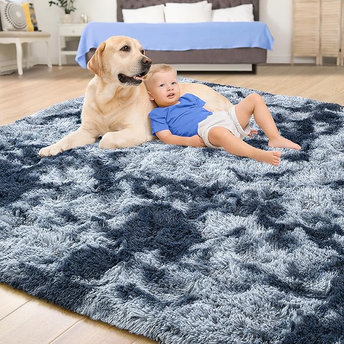 Tepook Fluffy Large Rugs for Living Room, 8x10 Area Rugs for Bedroom, Modern Shag Rug Fuzzy Carpets for Kids Boys Girls, Plush Indoor Nursery Home Decor Rug with Non-Slip Bottom, Tie-dye Dark Blue