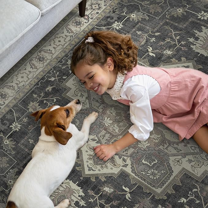 GENIMO 2x5 Runner Rugs for Hallway, Machine Washable Non Slip Vintage Rugs, Low Pile Lightweight Soft Print Rug for enrtyway, Corridor, Home, Office, Kitchen, Muted Charcoal Beige