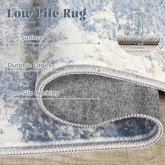 XLUEZ Round Rug 4ft for Bedroom, Washable Modern Abstract Circle Rug Neutral Soft Non Slip Kids Rug Stain Resistant Indoor Carpet for Living Room Nursery Playroom Dorm Girls Boys Room(Blue, 4' Round)