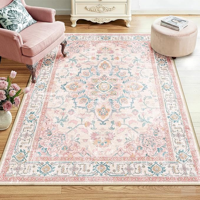 CAPALOCA Machine Washable Rugs Nursery Rug 4x6 Cute Girl Non Slip Low Pile Water Repellent Soft Print Pattern for Bedroom Indoor Decor Kids Playroom Pink Teal