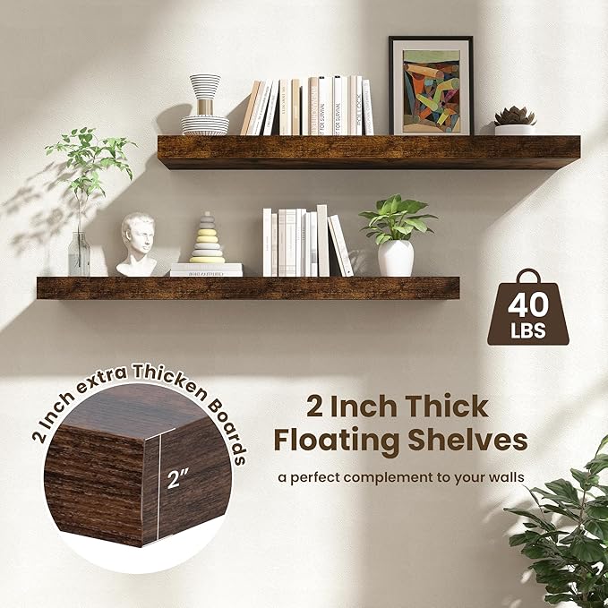 FLYJOE 48 Inch Floating Shelves | 12 Inch Deep Floating Shelves Set of 2 | 48" W x 12" D Rustic Brown Wood Wall Shelves for Bathroom Living Room Kitchen Laundry Room