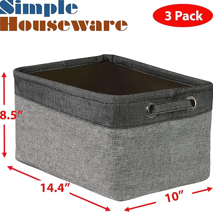 Simple Houseware Large Fabric Storage Bin, 14.4" x 10" with Handles, 3-Pack, Foldable Organizer for Closet and Shelf, Dark Gray