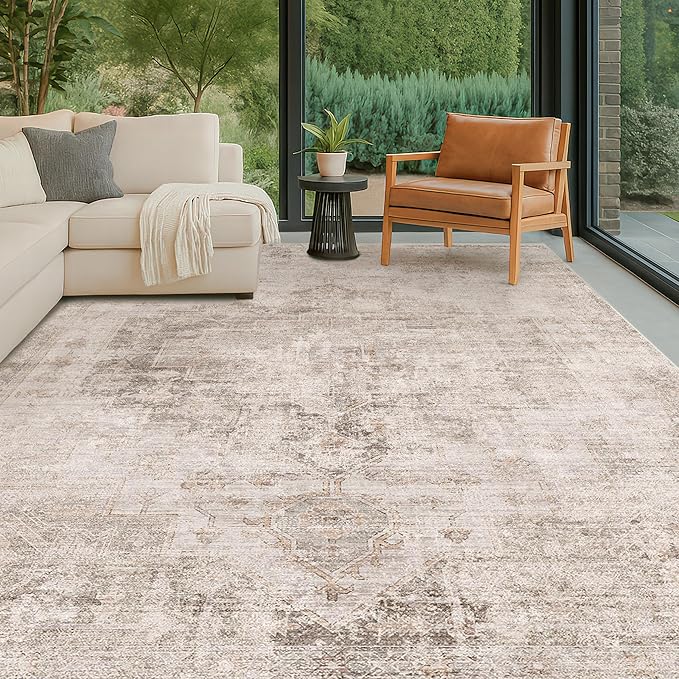 Hazo Haus Beige & Brown 5x8 Area Rugs for Bedroom - Abstract Distressed Farmhouse Rug for Living Room, Home Office, Foyer, Kitchen Table, Foldable Soft Washable Low Pile Non Slip Stain Resistant