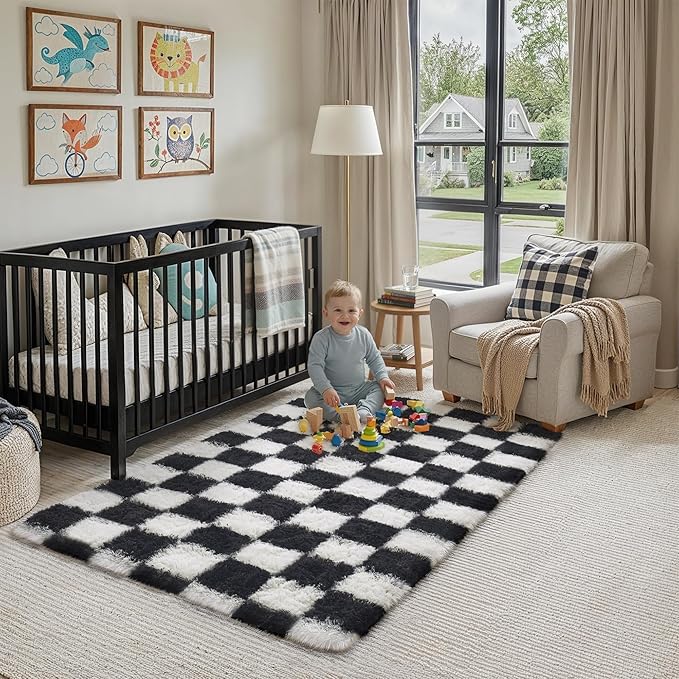 PureCozy Checkered Rug 3x5 for Playroom, Black and White Shag Rugs Super Soft Washable Fluffy Carpet Indoor Fuzzy for Bedroom Home Dorm Aesthetic Decor