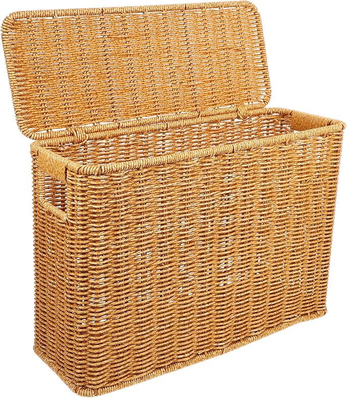 Woven Storage Basket with Lid and Handle 14.96X10.62X5.90In Portable Sundries Organizer for Toys Magazines Kitchen Storage and Home D Cor