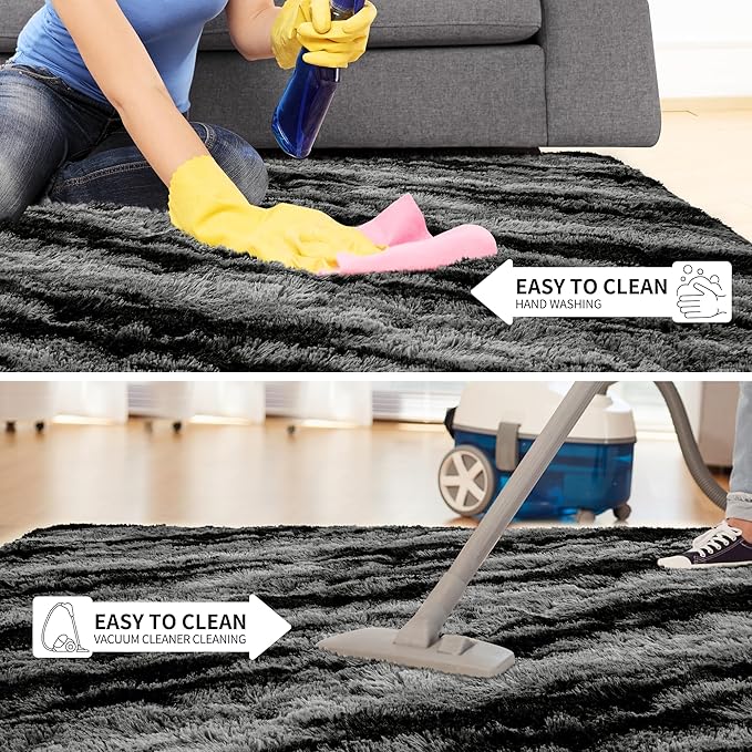 Tepook Fluffy Large Rugs for Living Room, 8x10 Area Rugs for Bedroom, Modern Shag Fuzzy Carpets for Kids Boys Girls, Plush Indoor Nursery Home Decor Rug with Non-Slip Bottom, Black Grey