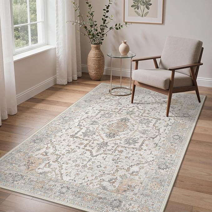 GENIMO 3x5 Area Rugs for Living Room, Machine Washable Non Slip Vintage Rugs, Low Pile Lightweight Soft Boho Rug for Bedroom, Dining Room, Home Office