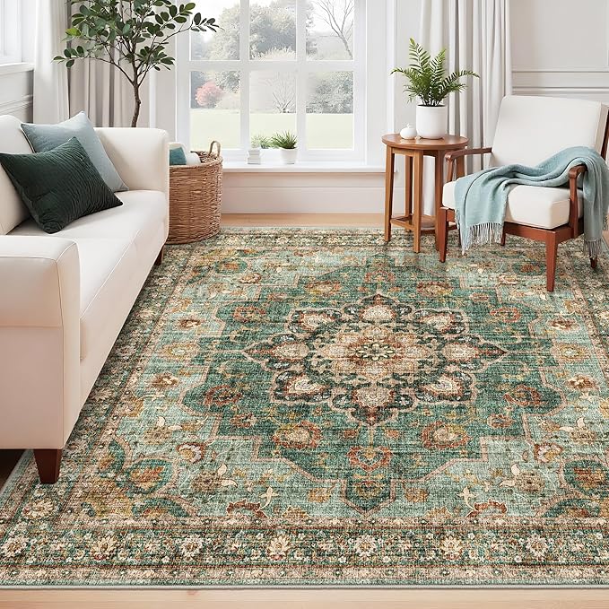 TOPRUUG Washable 6x6 Rug Square - Ultra Soft Living Room Area Rug Under Sofa Non-Slip Rugs for Bedroom Dining Room - Stain Resistant Farmhouse Decor for Family with Pets & Kids (Green, 6x6)