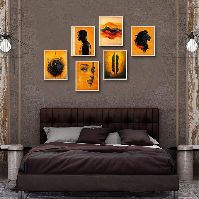 Eastern Print Set of 6 Abstract Masculine Wall Art Prints – Bold Orange & Black Lion, Silhouette, Face Line Posters – Modern Unframed 8x10 Decor for Men’s Room, Office, Man Cave or Creative Studio