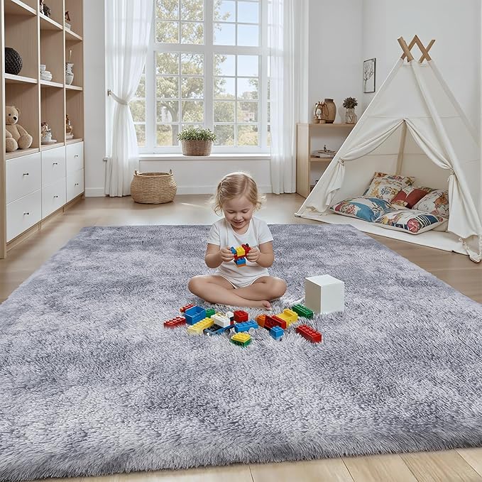 Area Rug for Living Room Bedroom: 4x6 Light Grey Soft Fluffy Shag Upgrade Non-Slip High Pile Carpet Large Fuzzy Plush Indoor Floor Decor Shaggy Rug for Kid Boys Girls Playroom Nursery Modern Home