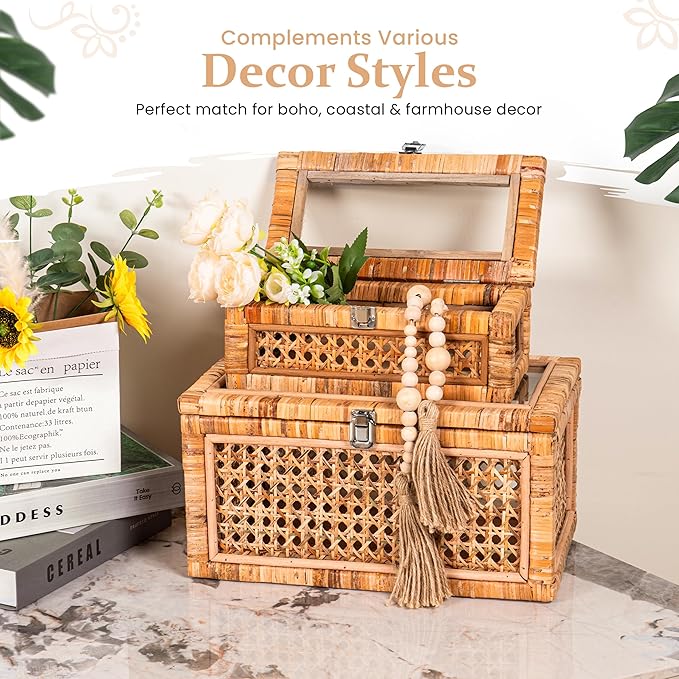 Large Set of 2 Handwoven Rattan Decorative Boxes with Glass Lids - Stackable Wicker Storage Boxes for Home Decor - Coffee Table Box Organizers - Woven Box with Lid for Shelves