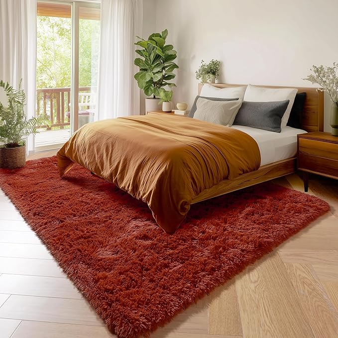 Amdrebio Terracotta Rust Large Area Rug 8x10 for Living Room Bedroom, Fluffy Fuzzy Shaggy Furry Rugs for Kids Room Decor Aesthetic, Big Cute Plush Shag Rustic Carpet for Classroom Playroom Nursery