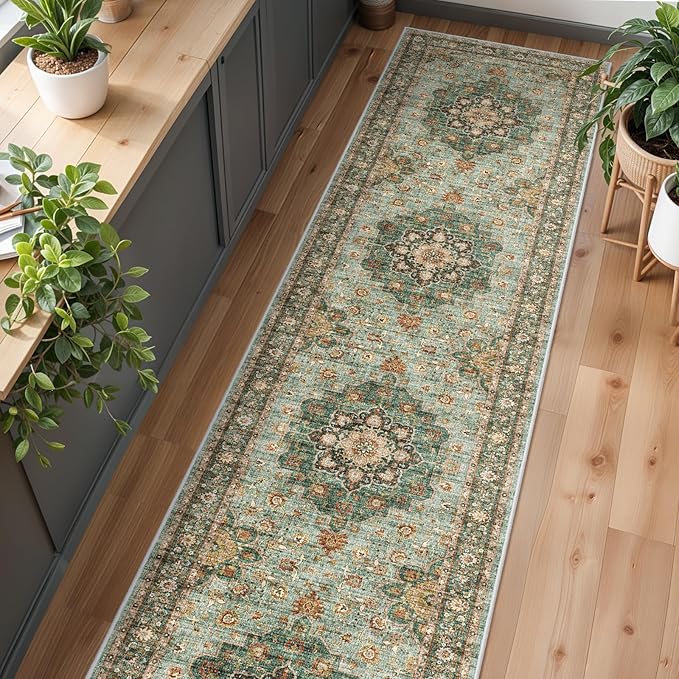 Washable Oriental Hallway Runner Rug - 3x20 Rugs for Living Room Soft Carpet for Bedroom Kitchen Waterproof Floral Distressed Indoor Stain Resistant Non-Shedding Floor Carpets (Green, 3X20)