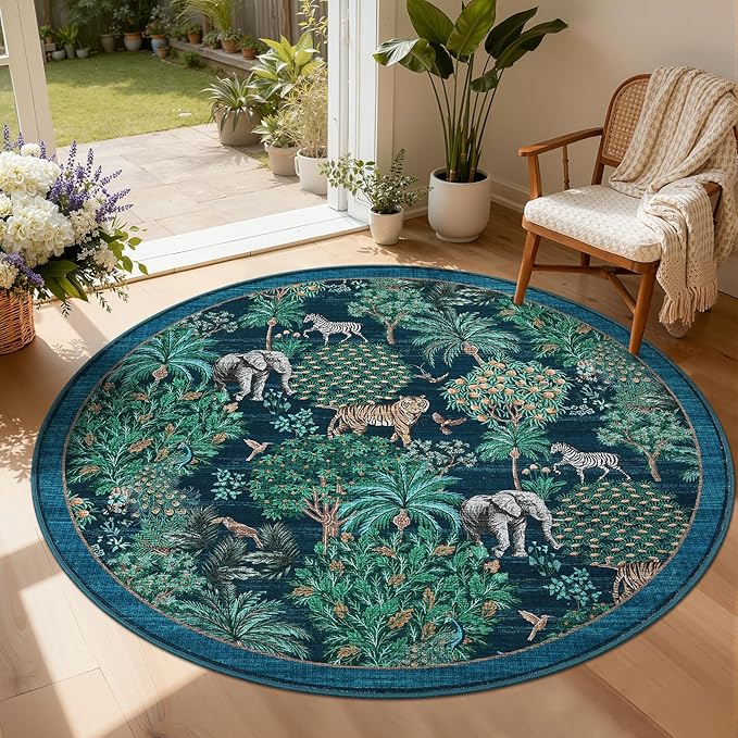 GarveeHome Jungle Round Washable Rugs 6ft Non-Slip Soft Round Rug for Kids Room, Forest Animal Print Tiger Circle Carpet for Bedroom Entryway Playroom Nursery, Blue