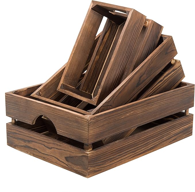 MyGift Rustic Dark Brown Solid Wood Storage Organizer Box with Handle, 3 Piece Various Size Decorative Nesting Crate