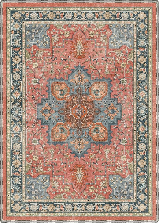 GENIMO 5x7 Area Rugs for Living Room, Machine Washable Rug, Non Slip Indoor Vintage Carpet, Low Pile Lightweight Chenille Print Carpet for Bedroom Dining Room Home Office, Dusty Terracotta