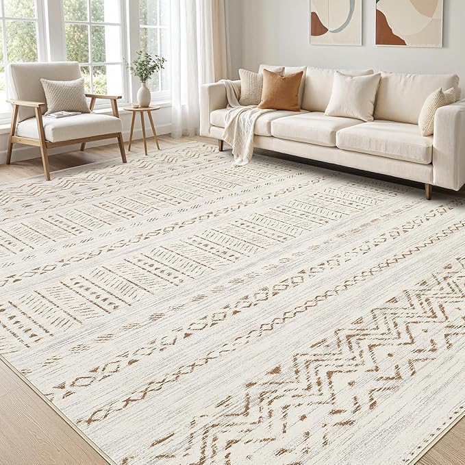 cotiled 7x9 Area Rug Living Room: Washable Boho Rugs with Non Slip Backing Large Soft Indoor Stain Resistant Carpet for Bedroom Farmhouse Dining Room Lightweight Home Decor Brown/Cream