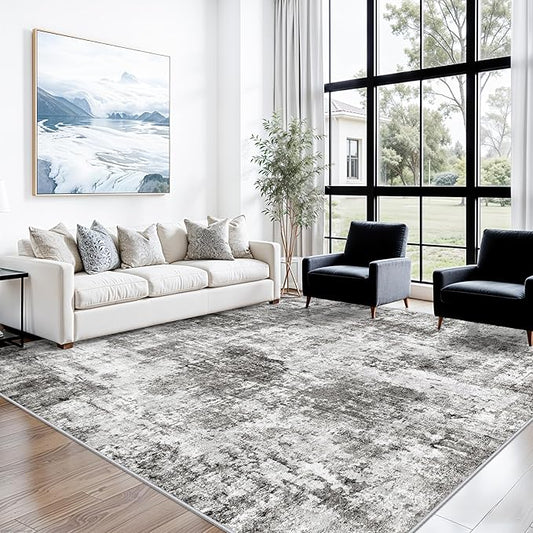 10x10 ft Square Living Room Rug – Washable Modern Abstract Area Rug for Bedroom, Dining Room, Playroom – Neutral Non-Slip Low-Pile Thin Indoor Carpet (Grey)