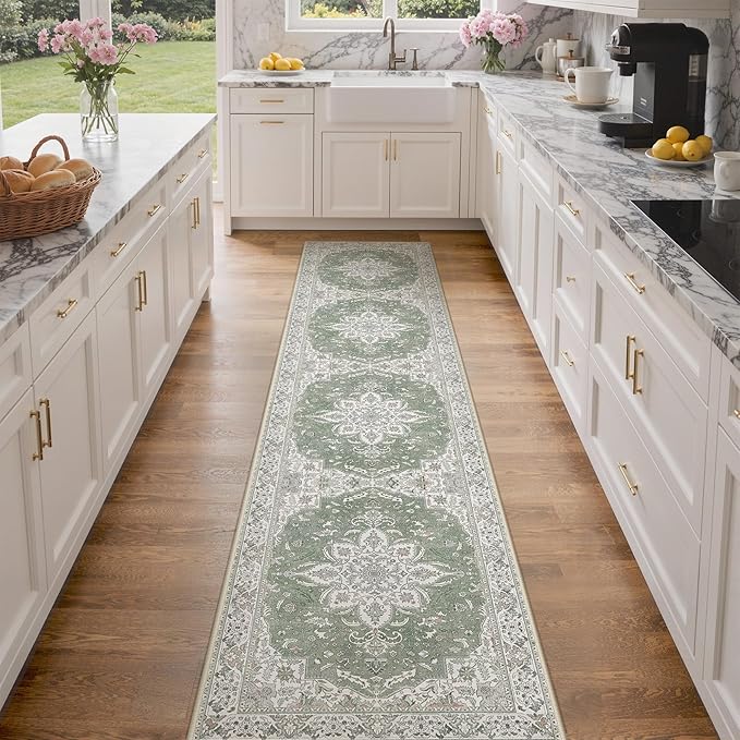 GENIMO 2X10 Washable Vintage Runner Rug for Hallway, Non-Slip Low Pile Chenille Print Rug, Soft Rugs for Indoor Entryway Kitchen Corridor, Sage & Linen