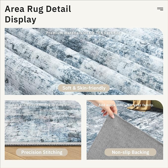 Soalmost Abstract Rug 8x10 Large Living Room Rugs Neutral Modern Washable Area Rugs for Bedroom Dining Room Non-Slip Stain Resistant Foldable Thin Blue