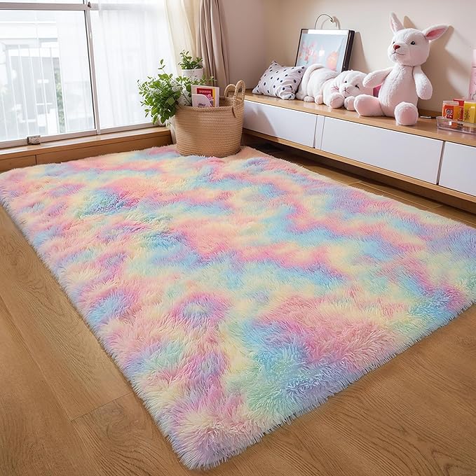6x9 Rainbow Shaggy Kids Unicorn Rug for Girls Bedroom, Fluffy Fuzzy Soft Plush Pastel Large Area Rugs for Living Room,Washable Non Slip Nursery Boys Dorm Room Carpets