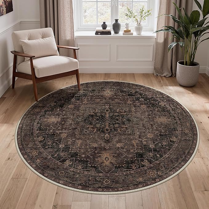 GENIMO 5FT Round Area Rugs for Living Room, Circle Rugs Machine Washable Low Pile, Chenille Non Slip Vintage Rug for Bedroom, Dining Room, Home Office, Charcoal Brown