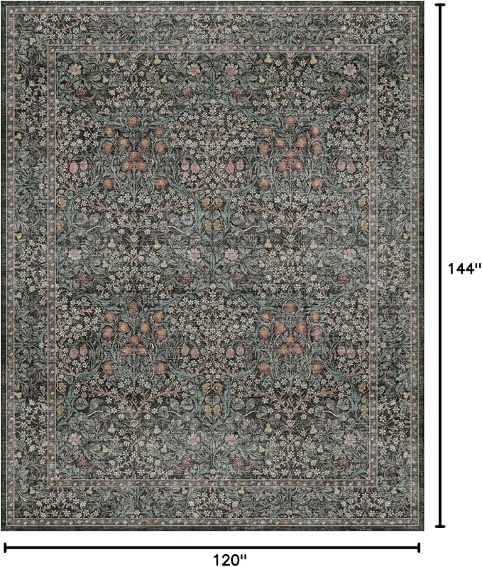 Washable Dark Green 10x12 Rug for Living Room - Extra Large Area Rugs for Dining Room Under Table, Bedroom, Soft Low Pile Non Slip Stain Resistant Carpet - Vintage Floral Design Non-Slip