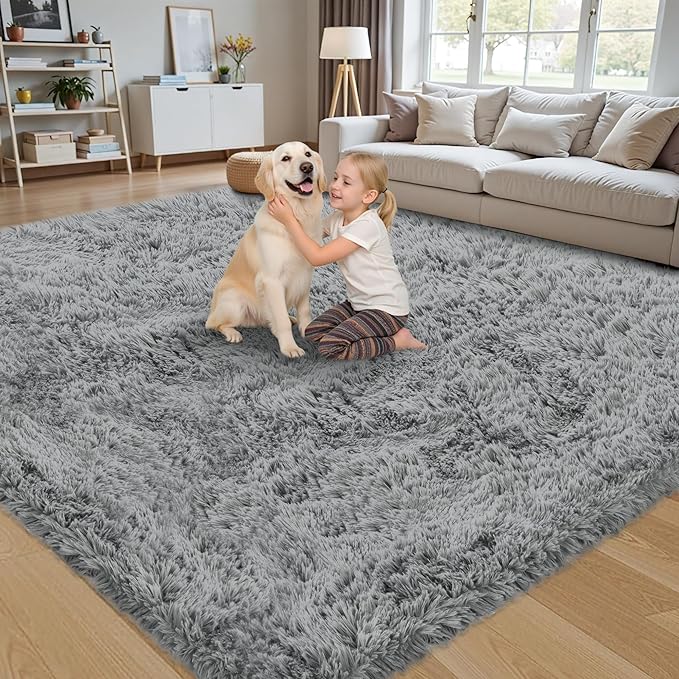 6x9 Area Rug for Living Room:Ultra Soft Fluffy Shag Light Grey Rugs,Large Fuzzy Plush Indoor Non Slip Carpet Washable Rug for Bedroom Kids Nursery Office Dorm Modern Decor(Light Grey 6'x9')