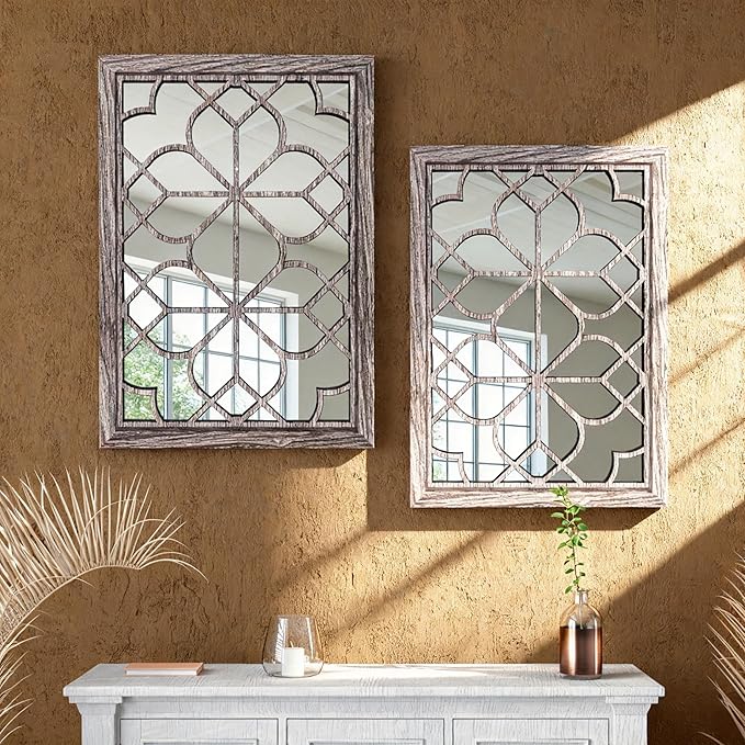 Set of 2 19x26 Inch Large Brown Shatterproof Rectangular Wall Mirrors, Boho Rustic Farmhouse Vintage Accent Mirrors for Living Room Bedroom Entryway Dining Room & Home Decor