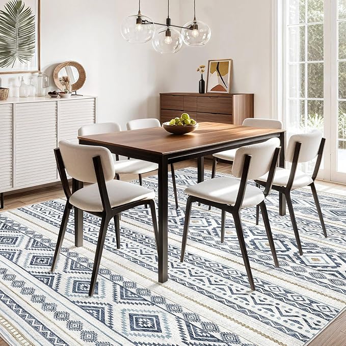 cotiled 8x10 Area Rug Living Room: Washable Boho Rugs with Non Slip Backing Large Soft Indoor Stain Resistant Carpet for Bedroom Farmhouse Dining Room Lightweight Home Decor Blue