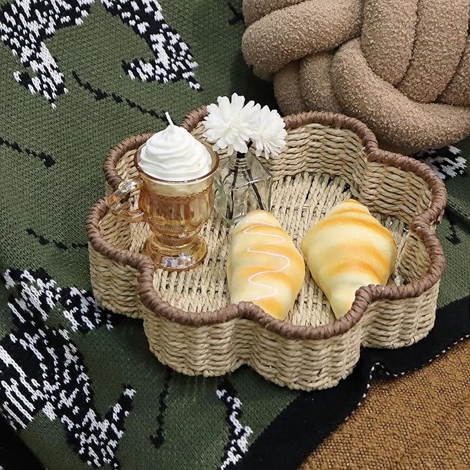 GYASVWU Paper Rope Scalloped Tray, Wicker Trays for Decor, Shallow Baskets for Storage, Rattan Tray for Coffee Table/Living Room/Bedroom Organization (Beige+Brown)