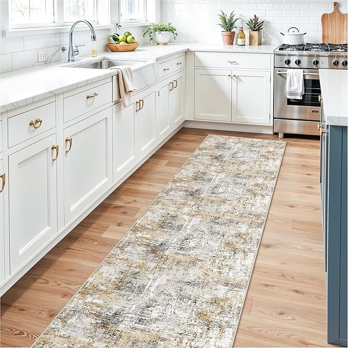 2x10 Ft Long Runner Rug for Hallway – Non-Slip Washable Floor Runner for Kitchen Indoor Entryway, Bedroom, Living Room,Modern Abstract Low-Pile Thin Carpet （Gold Grey）