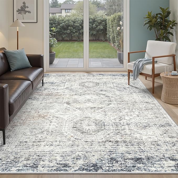 Soalmost 5x7 Area Rugs Blue Ivory Low Pile Indoor Washable Trendy Faded Style Rugs for Bedroom Living Room Dining Room Foldable Non-Slip Thin Print Mat