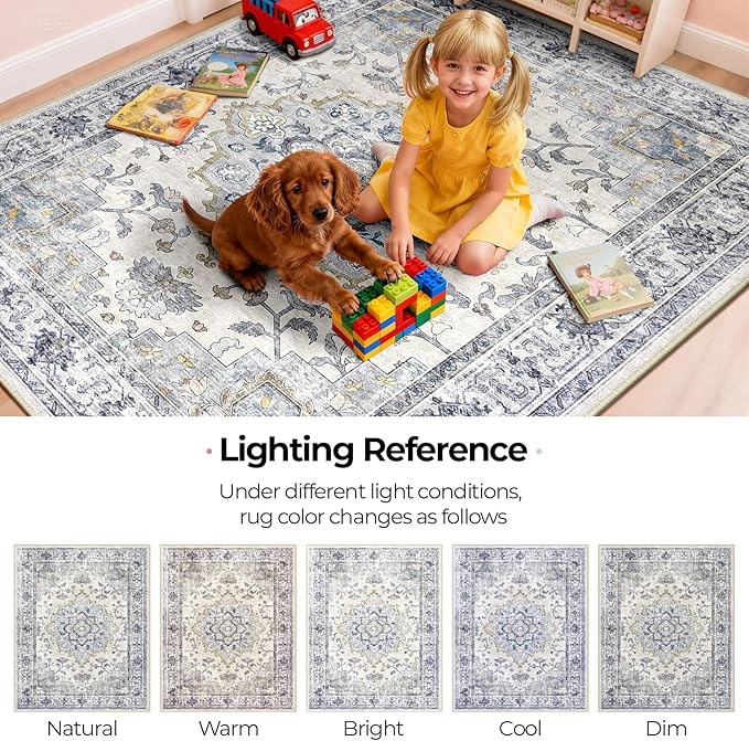 CAPALOCA Machine Washable Rugs Nursery Rug 2x3 Cute Girl Non Slip Low Pile Water Repellent Soft Print Pattern for Bedroom Indoor Decor Kids Playroom Blue White
