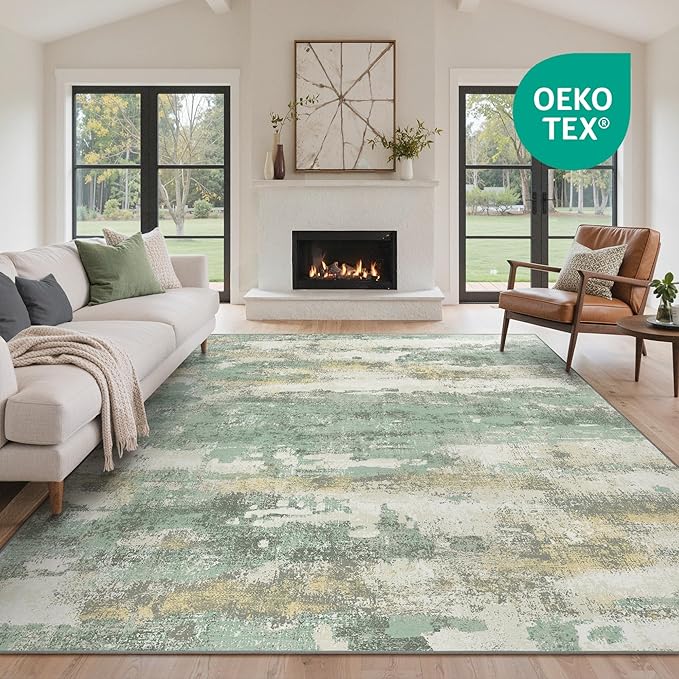 GENIMO No Crease Non Slip 6x9 Area Rugs for Living Room, Craft Woven Modern Rug, Soft Floor Carpet, Single-Piece Rugs for Bedroom, Dining Room, Office, Green Gray