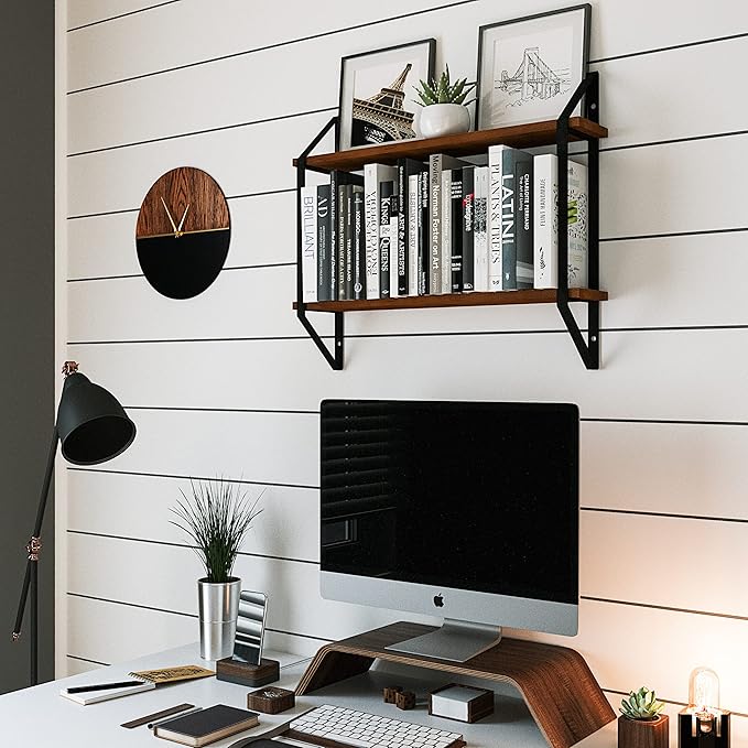 Wallniture Ponza Wood Floating Shelvesf for Wall Storage, 24" Floating Bookshelf, 2 Tier Wall Shelf for Livng Room, Bedroom, Bathroom, Kitchen, Walnut
