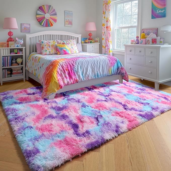 Amdrebio Hot Pink Rainbow Area Rug for Girls Room 5x7, Soft Fluffy Cute Fuzzy Colorful Kids Rugs for Bedroom Nursery Playroom Classroom, Shaggy Floor Princess Carpet for Baby Toddler Teen, Home Decor