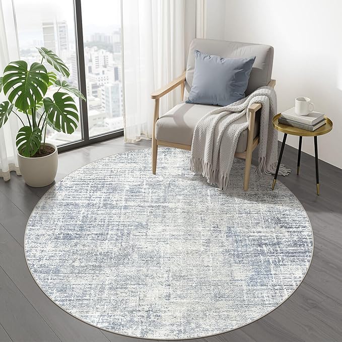 5ft Round Rug Living Room: 5x5 Washable Large Neutral Blue Circle Area Rug Abstract Soft Modern Stain Resistant Indoor Floor Non-Slip Carpet for Bedroom Nursery Kids Office Playroom Dining Room