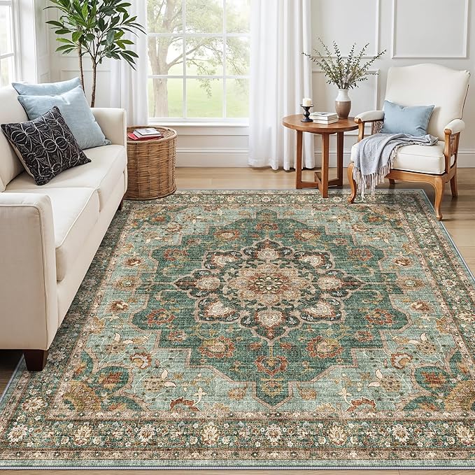TOPRUUG Washable 7x7 Rug Square - Soft Living Room Area Rug for Under Sofa Non-Slip Rugs for Bedroom Dining Room - Stain Resistant Farmhouse Decor for Family with Pets & Kids (Green, 7x7)